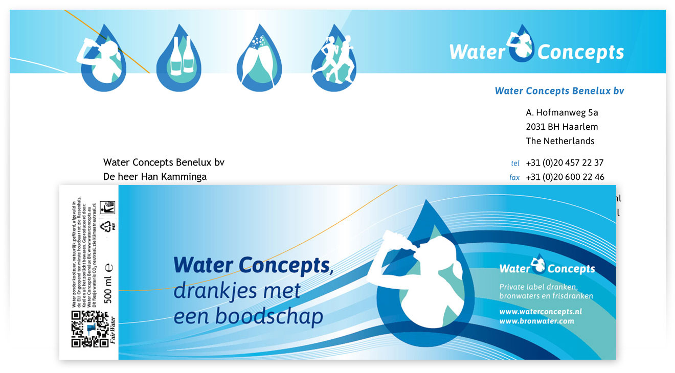 HSTotaal: ontwerp briefhoofd met USP-logo’s en etiket voor 500ml flesje van Water Concepts; drankjes met een boodschap