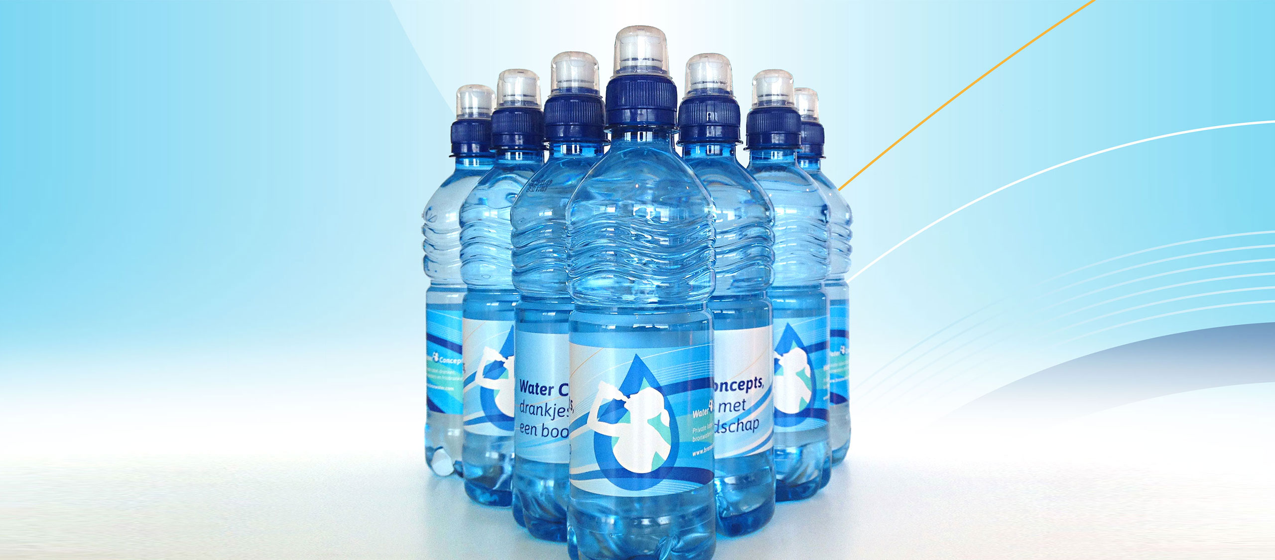 HSTotaal banner-visual: 7 transparante flesjes met Water Concepts logo; een wit meisjes-silhouet drinkt water uit een flesje