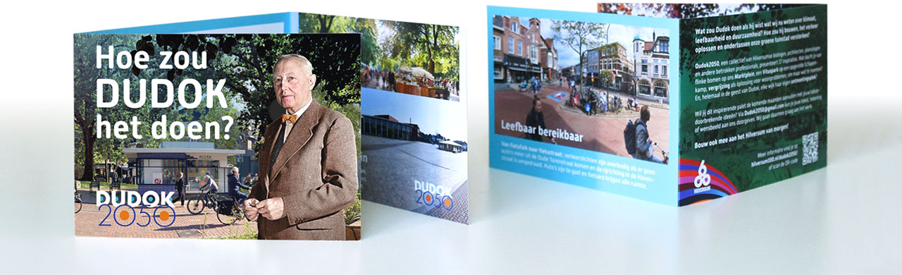 HSTotaal: design logo en foldertje voor Dudok2050 met Dudok in kleur; voor een duurzaam, leefbaar en bereikbaar Hilversum