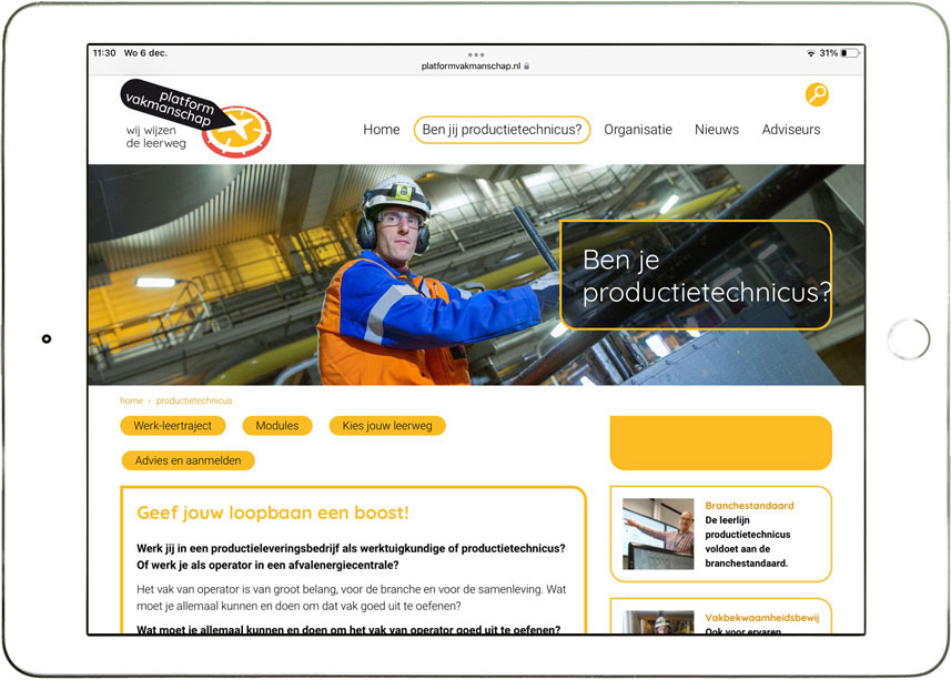 HSTotaal: iPad-ontwerp website en logo ‘Platform Vakmanschap’, O&O fondsen; opleidingen voor technici in energie-bedrijven
