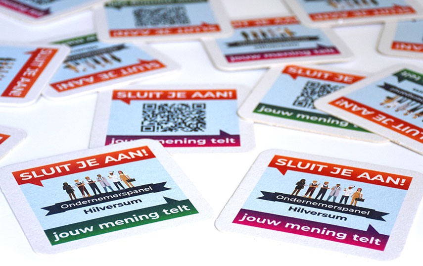 HSTotaal: bierviltjes met oproep en QR-code om lid te worden van het Ondernemerspanel Hilversum ‘Laat je stem horen!’