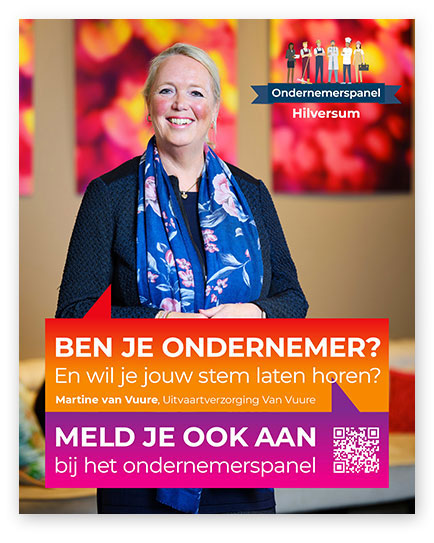 HSTotaal LinkedIn-visual: Martine van Vuure roept op lid te worden van het Ondernemerspanel Hilversum; ‘Laat je stem horen!’