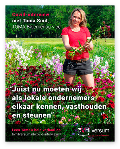 HSTotaal LinkedIn-visual: foto van Toma Smit in haar biologische bloementuin voor het covid-interview van BVHilversum