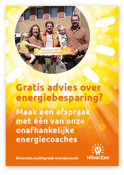 HSTotaal: stralend, oranje omslag van HilverZon-flyer; maak samen met een energiecoach werk van energiebesparing in je woning