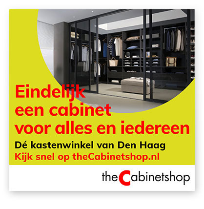 HSTotaal: ontwerp serie kleine, gele advertenties voor theCabinetshop met een vette knipoog naar de Haagse politiek