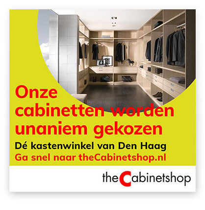 HSTotaal: ontwerp serie kleine, gele advertenties voor theCabinetshop met een vette knipoog naar de Haagse politiek
