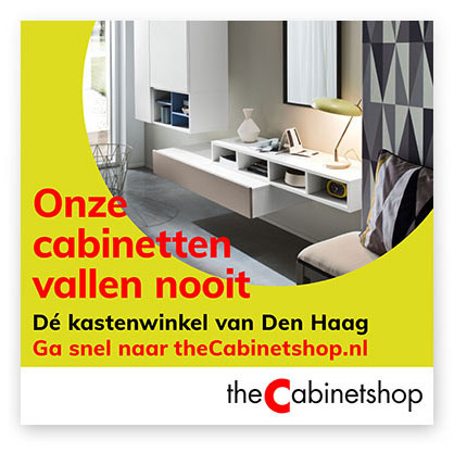 HSTotaal: ontwerp serie kleine, gele advertenties voor theCabinetshop met een vette knipoog naar de Haagse politiek