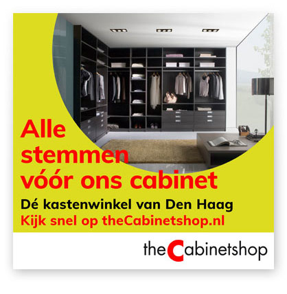 HSTotaal: ontwerp serie kleine, gele advertenties voor theCabinetshop met een vette knipoog naar de Haagse politiek