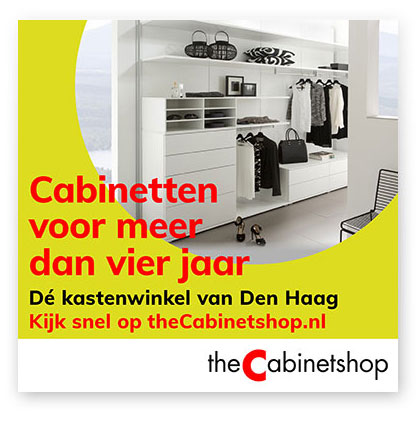 HSTotaal: ontwerp serie kleine, gele advertenties voor theCabinetshop met een vette knipoog naar de Haagse politiek