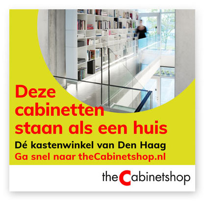 HSTotaal: ontwerp serie kleine, gele advertenties voor theCabinetshop met een vette knipoog naar de Haagse politiek
