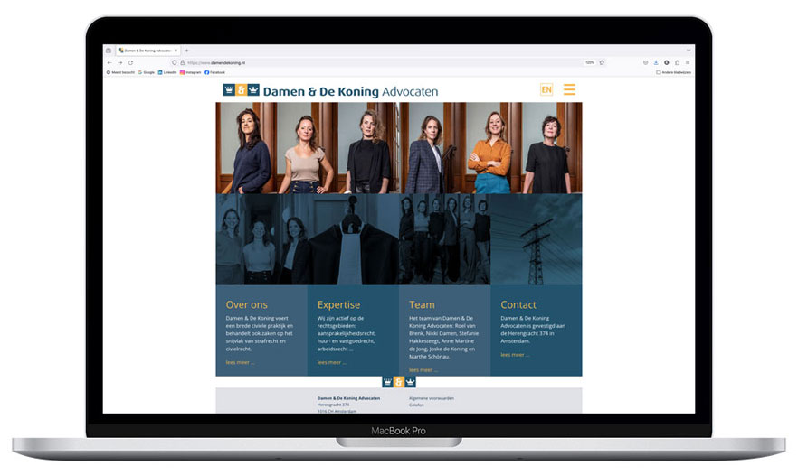 HSTotaal: MacBook met homepage Damen & De Koning Advocaten, Amsterdam; foto’s van de vrouwen die samen het kantoor runnen
