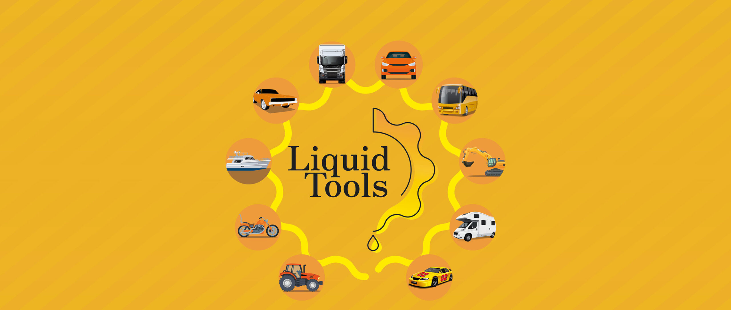 HSTotaal: oranje banner met iconen van alle vaar- en voertuigen met dieselmotoren die Liquid Tools onderhoudt, inclusief logo