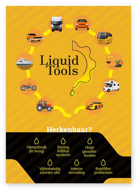 HSTotaal: oranje omslag van de Liquid Tools folder met hun productgroepen en herkenbare, veel voorkomende diesel-problemen