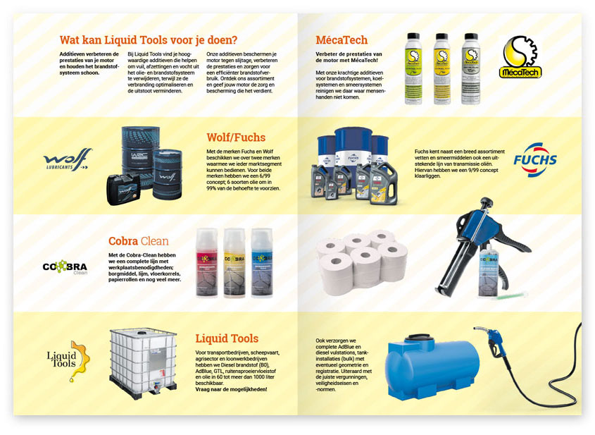 HSTotaal: lichtgele spread van de Liquid Tools folder met voorbeelden van de producten en merken van hun leveringsprogramma