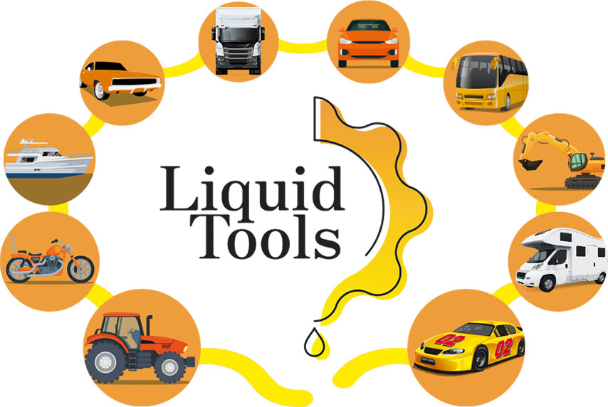 HSTotaal: een ellips van illustraties van vaar- en voertuigen met dieselmotoren die Liquid Tools onderhoudt, inclusief logo