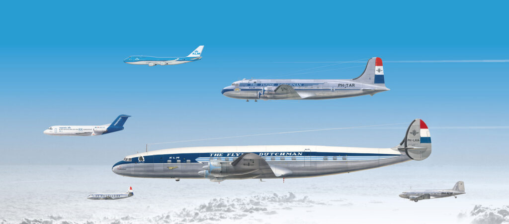 HSTotaal: omslag-ontwerp KLM jubileumboek ‘The Flying Dutchman’; handgemaakte vliegtuig-illustraties van Eric van Rootselaar