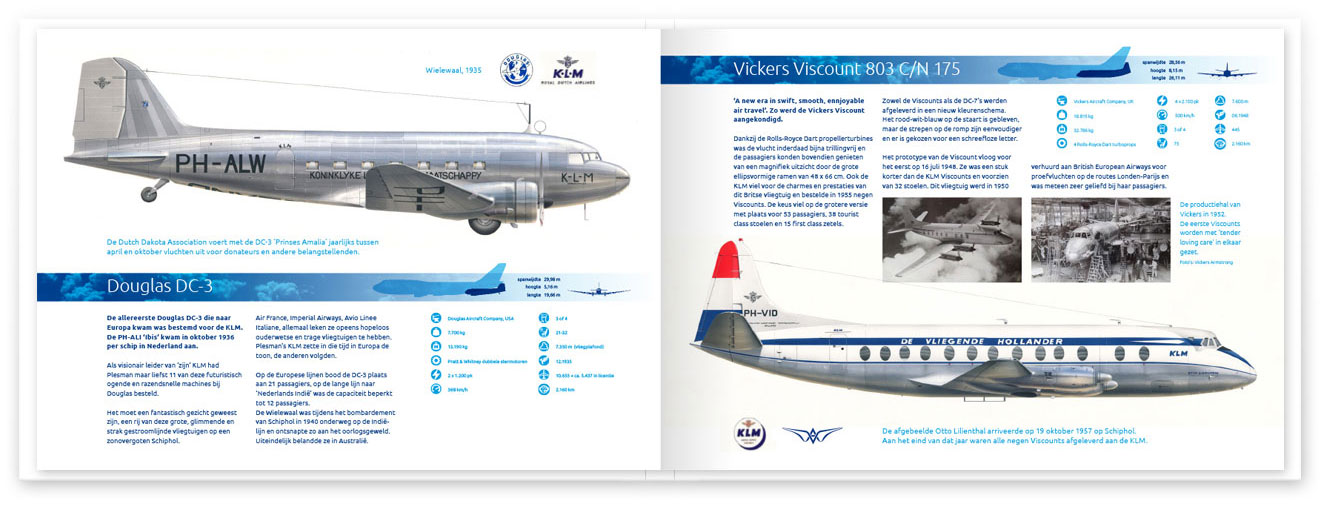 HSTotaal: spread ‘100 jaar KLM’ met illustraties van Eric van Rootselaar; een DC-3 en een Viscount 803 met alle specificaties