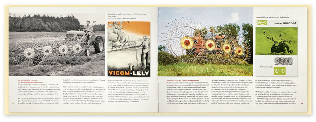 HSTotaal: spread uit ‘100 jaar Vicon’ van Arthur Nutbey; op de foto’s de innovatieve harkkeerder ‘Acrobat’ uit de jaren ‘50