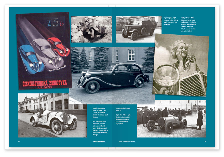 HSTotaal: spread uit ‘Zbrojovka Brno; From Firearms to Tractors’ van Arthur Nutbey; de Tsjechen maakten ook allerlei auto’s