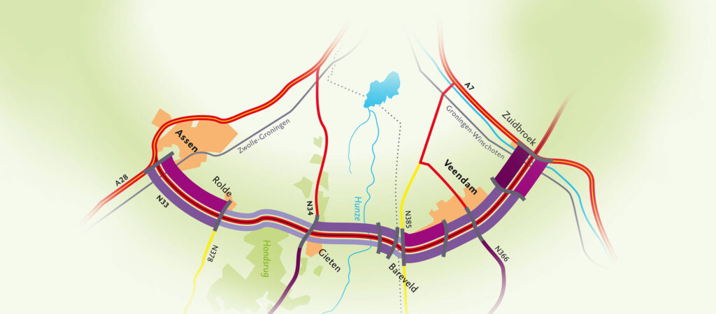 HSTotaal: banner met kaart van verkeersintensiteit op N33 tussen Assen en Zuidbroek, ontwerp voor de tender van Boskalis