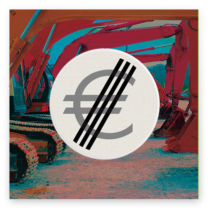 HStotaal; ontwerp wit verkeersbord met doorgehaald euro-teken; in de achtergrond foto van rode, geparkeerde graafmachines