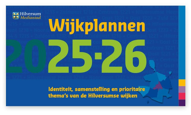 HSTotaal: blauw omslag van de online brochure Wijkplannen 2025-26; design in kleuren en letters van de huisstijl van Hilversum