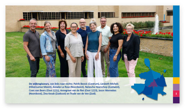 HSTotaal: groepsfoto in de interactieve online brochure Wijkplannen 2025-26; alle wijkregisseurs voor het Hilversumse raadhuis