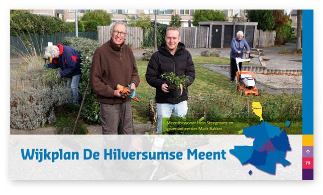HSTotaal: fotopagina van de interactieve online brochure Wijkplannen 2025-26, met actieve bewoners in de Hilversumse Meent