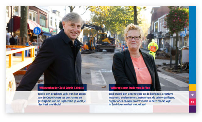 HSTotaal: fotopagina van de online brochure met Hilversumse Wijkplannen, met wijkwethouder en -regisseur op de Gijsbrecht