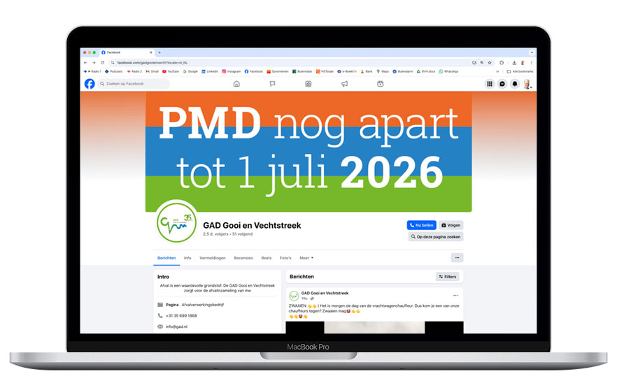 HSTotaal: laptop met de Facebook-pagina van GAD Gooi en Vechtstreek over afvalscheiding van PMD