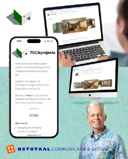 HSTotaal LinkedIn-visual: het one-page website-design voor TOCAprojects; iPhone, iPad en iMac en foto’tje van Bart Landman