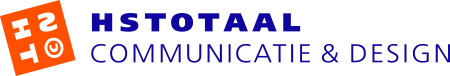 HSTotaal: logo in twee kleuren; oranje, gekanteld vierkant met witte HST©-letters en in blauw HSTOTAAL COMMUNICATIE & DESIGN